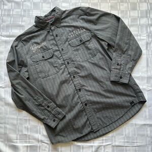 Harley Davidson Grey Striped Long Sleeve Tall Fit Button Down Dress Shirt
